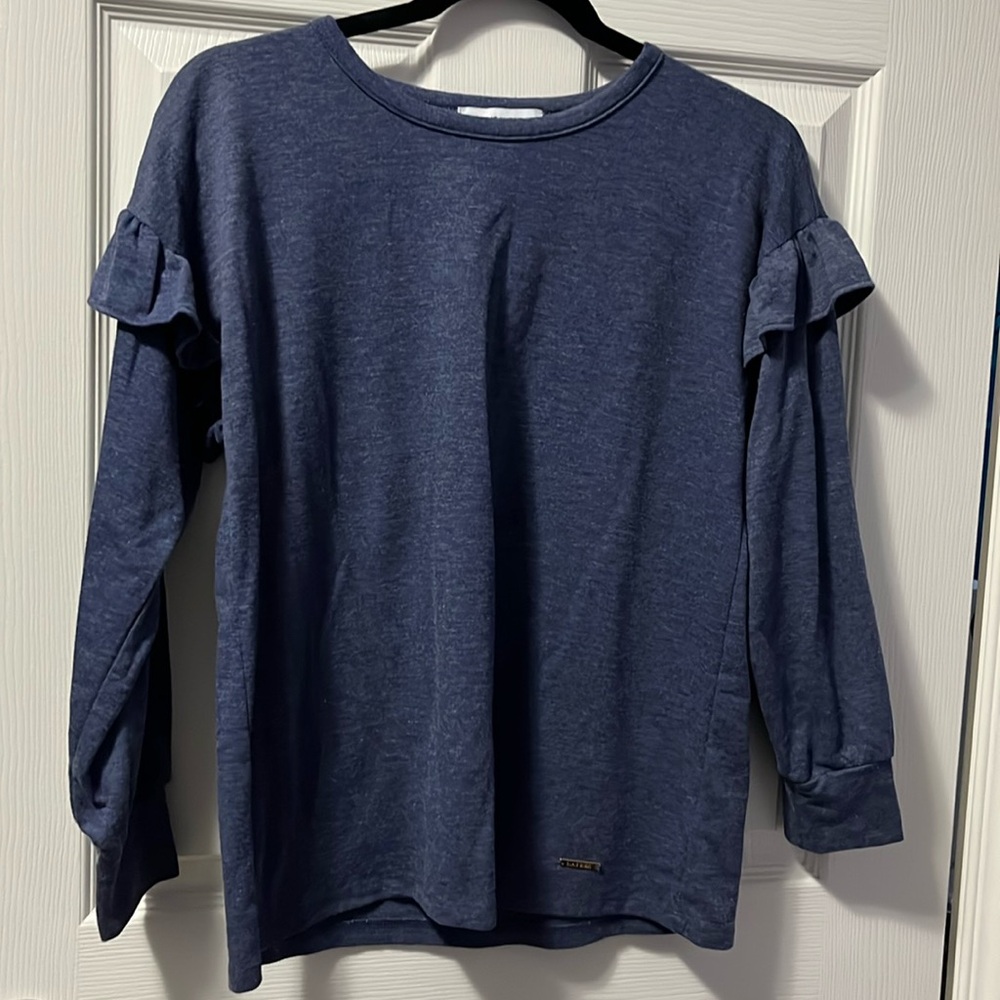 Women's Nine West Cute Ruffled Long-Sleeve Top Denim Blue Warm Winter Shirt